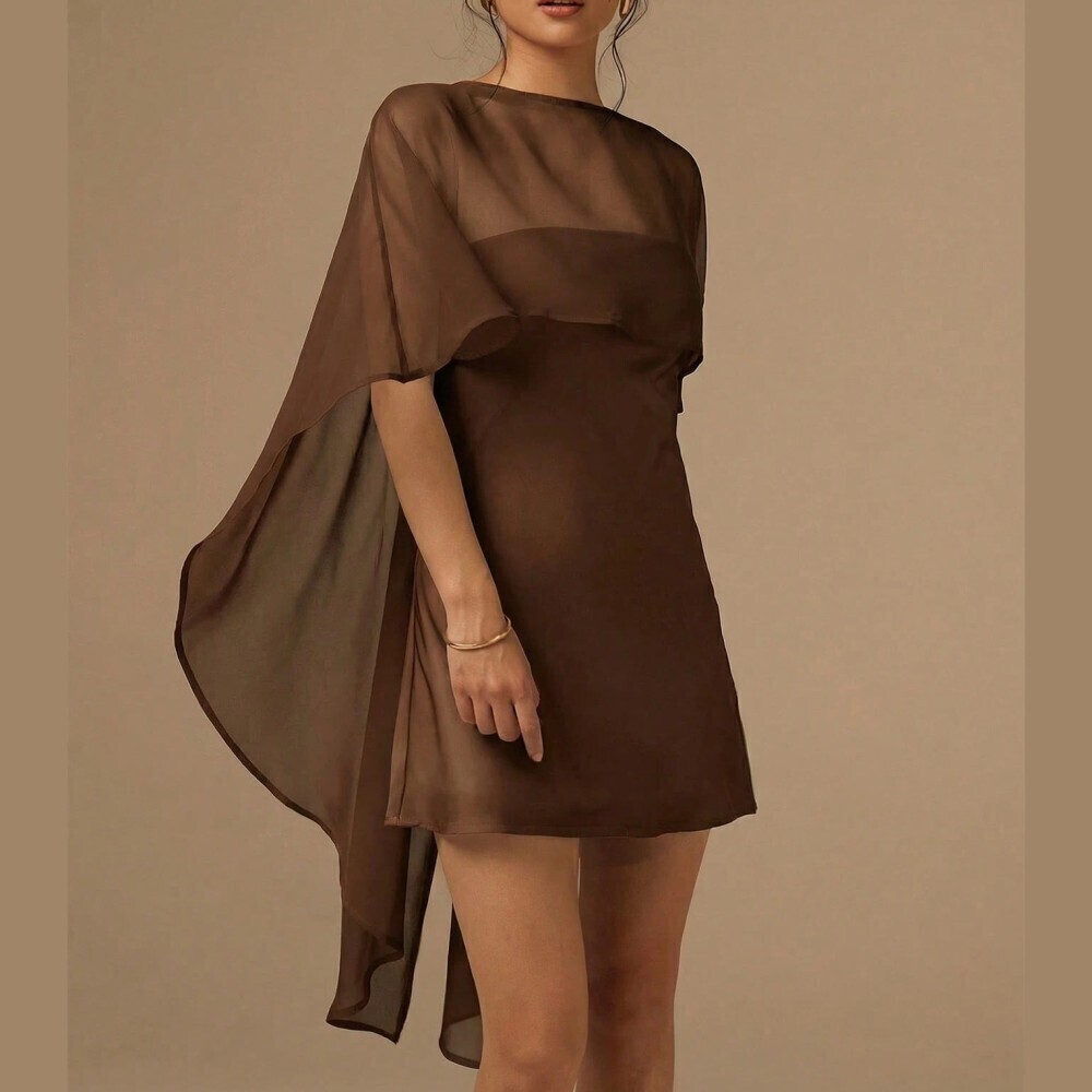 Brown Sheer Chiffon Mini Dress with Draped Cape Sleeve - Picture 1 of 7
